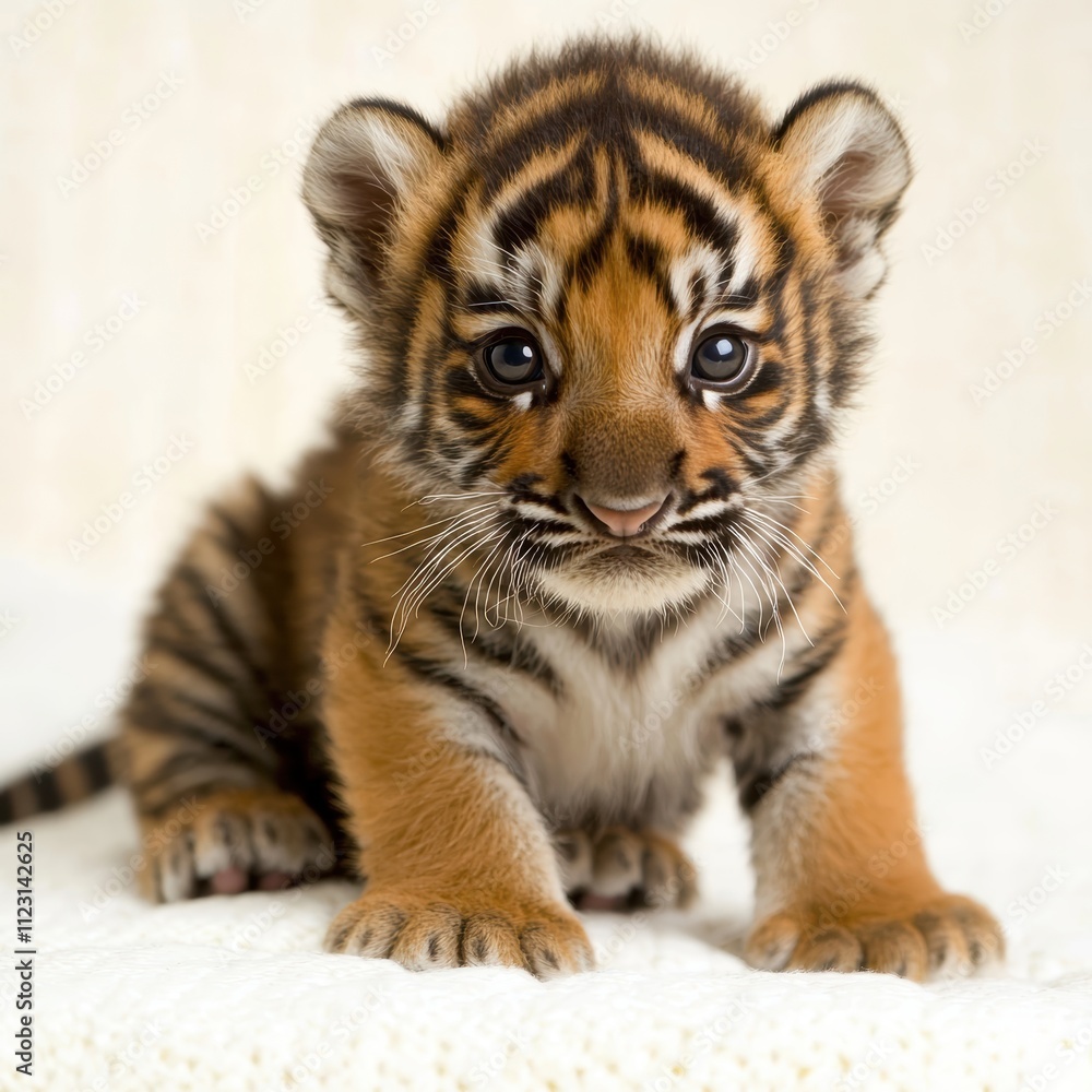 Fototapeta premium Adorable Tiger Cub Sitting on Soft Blanket with Curious Expression