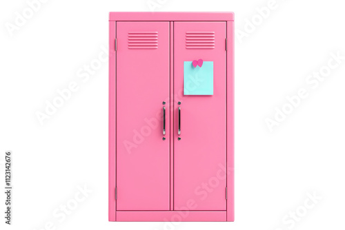 A vibrant pink locker featuring two doors with handles and a note attached to the surface.