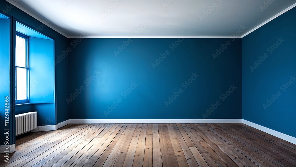 Dark blue wall in an empty room with a wooden floor 