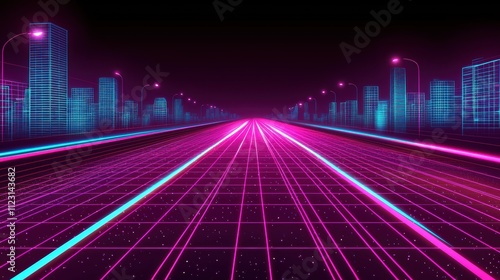 Futuristic cityscape night drive neon grid highway digital art urban environment birds eye view photo