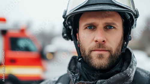 A vigilant firefighter stands in a snowy setting, symbolizing perseverance and duty, equipped to respond to emergencies in any weather condition with integrity. photo