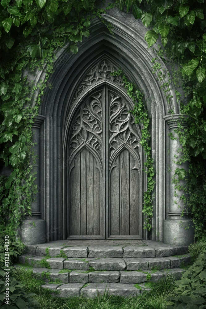 Fototapeta premium Gothic-style wooden doors surrounded by lush green ivy on a stone building, exuding mystery, AI