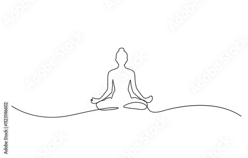 Woman sitting in lotus pose yoga. Continuous one line drawing, Women doing yoga one line drawing. Aerobic sport girl exercise for modern healthy lifestyle, women performing yoga line art.