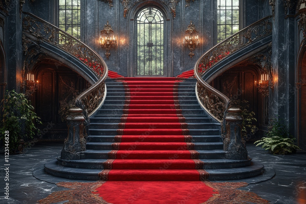 Fototapeta premium A grand staircase with ornate railings and a red carpet in an elegant interior space.