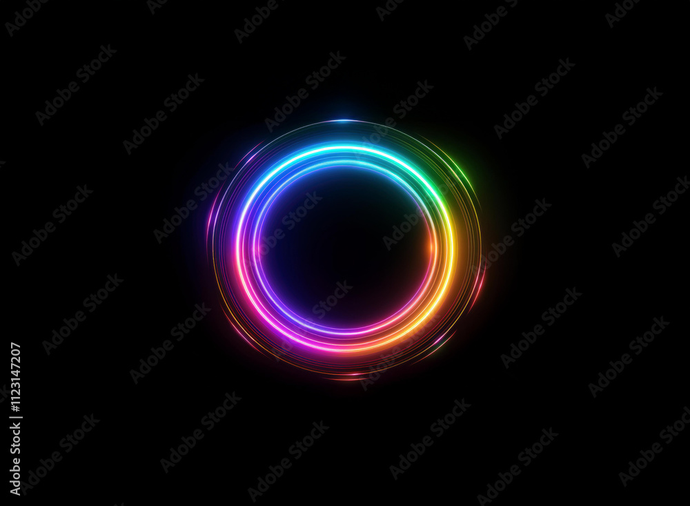 Vibrant rainbow neon circles glow brightly against a stark black background, creating a mesmerizing, concentric design. The inner glow adds depth and dimension. Vibrant rainbow neon circles glow brightly against a stark black background, creating a mesmerizing, concentric design. The inner glow adds depth and dimension.