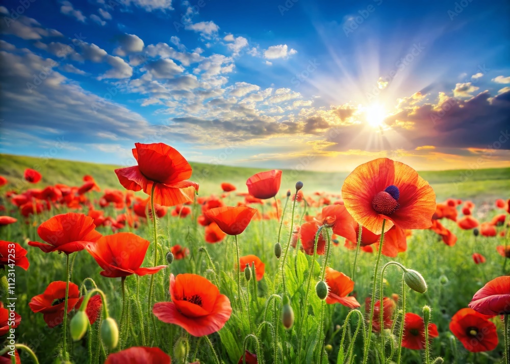Obraz premium Vibrant Red Poppies Bordering a Serene Meadow with Copy Space for Text and Design Elements