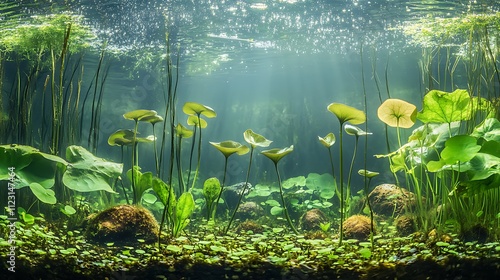 A peaceful scene of a freshwater lake with various aquatic plants, including bladderworts and water chestnuts, growing in the clear water photo