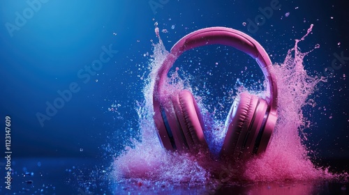 Dynamic imagery of pink headphones making impactful contact with exploding water waves, set against a blue background, capturing pure movement and energy. photo