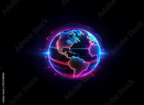 Wallpaper Mural A vibrant, glowing digital Earth encircled by neon pink and blue rings against a black background.  The planet is depicted with futuristic, glowing lines. Torontodigital.ca