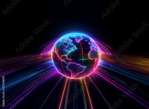 A vibrant, glowing Earth encircled by radiating neon light streaks against a black background.  The image evokes a sense of global connectivity and technological advancement.