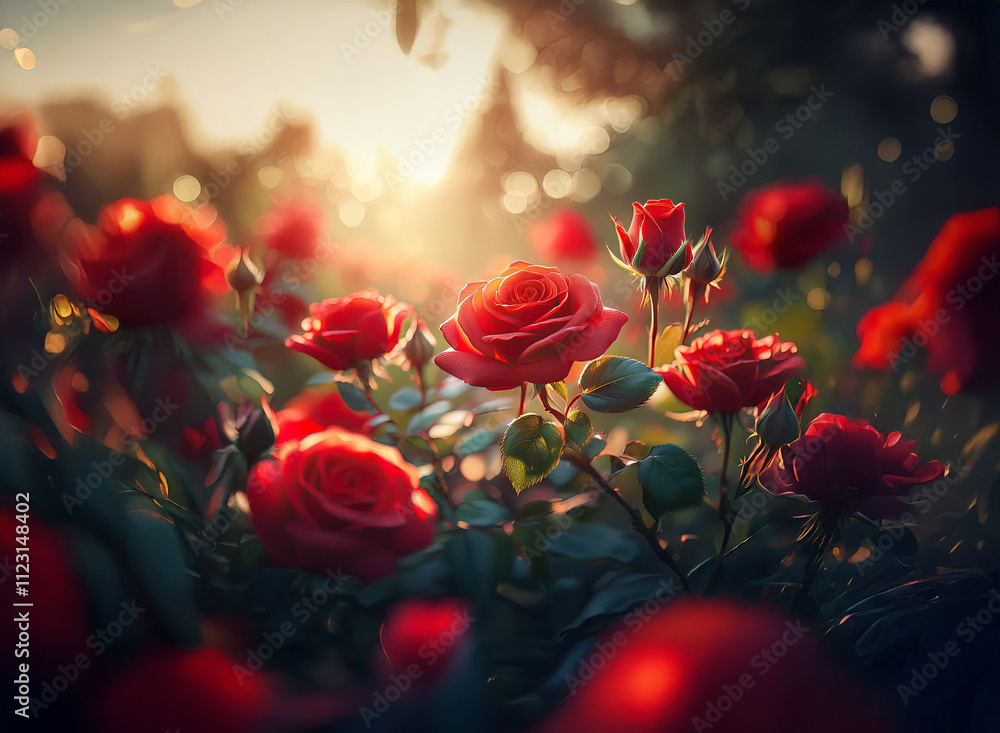 Obraz premium Luminous sunset bathes a lush rose garden in warm light. Deep red blooms, some open, others budding, create a vibrant, romantic scene.