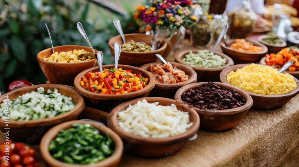 Fototapeta premium Colorful Display of Fresh Ingredients in Rustic Bowls for Tacos