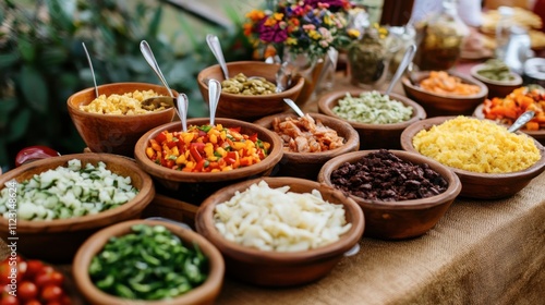 Colorful Display of Fresh Ingredients in Rustic Bowls for Tacos