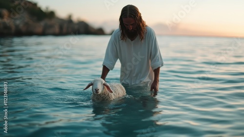 A serene scene of a man dressed in white guiding a sheep through calm waters, highlighting themes of peace and companionship under the warm sunrise light. photo