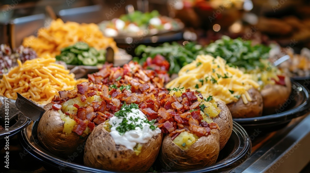 Obraz premium Delicious Baked Potatoes Topped with Bacon and Fresh Ingredients