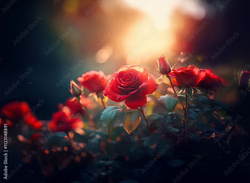 Obraz premium Red roses bask in the warm glow of a setting sun, their velvety petals illuminated, creating a vibrant, romantic scene. The lush green foliage provides a striking contrast.