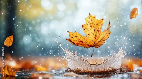 A vivid autumn leaf appears suspended in a mid-air water splash, encapsulating the beauty and transient nature of fall and the fleeting passage of time. photo