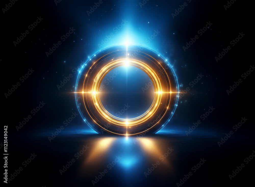 Obraz premium Glowing golden and blue circular portal with bright light effects. A futuristic, energy-filled design, reflecting on a dark surface.