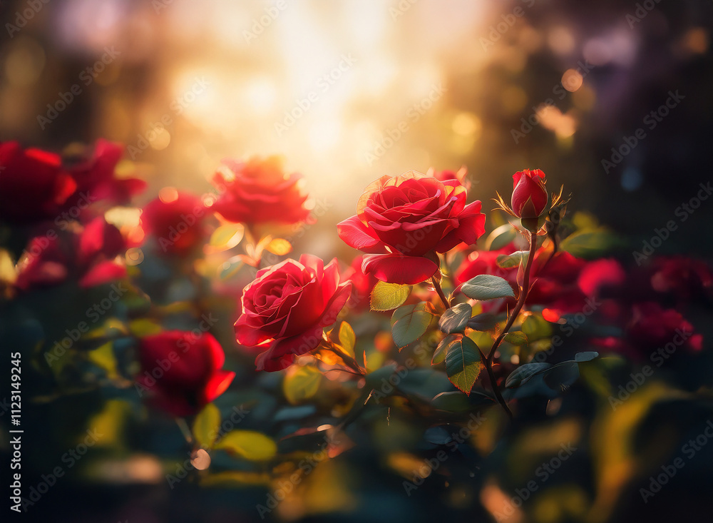 Obraz premium Luminous sunset bathes a cluster of deep red roses in warm light. Green leaves and buds surround the blossoms, creating a vibrant, romantic scene.
