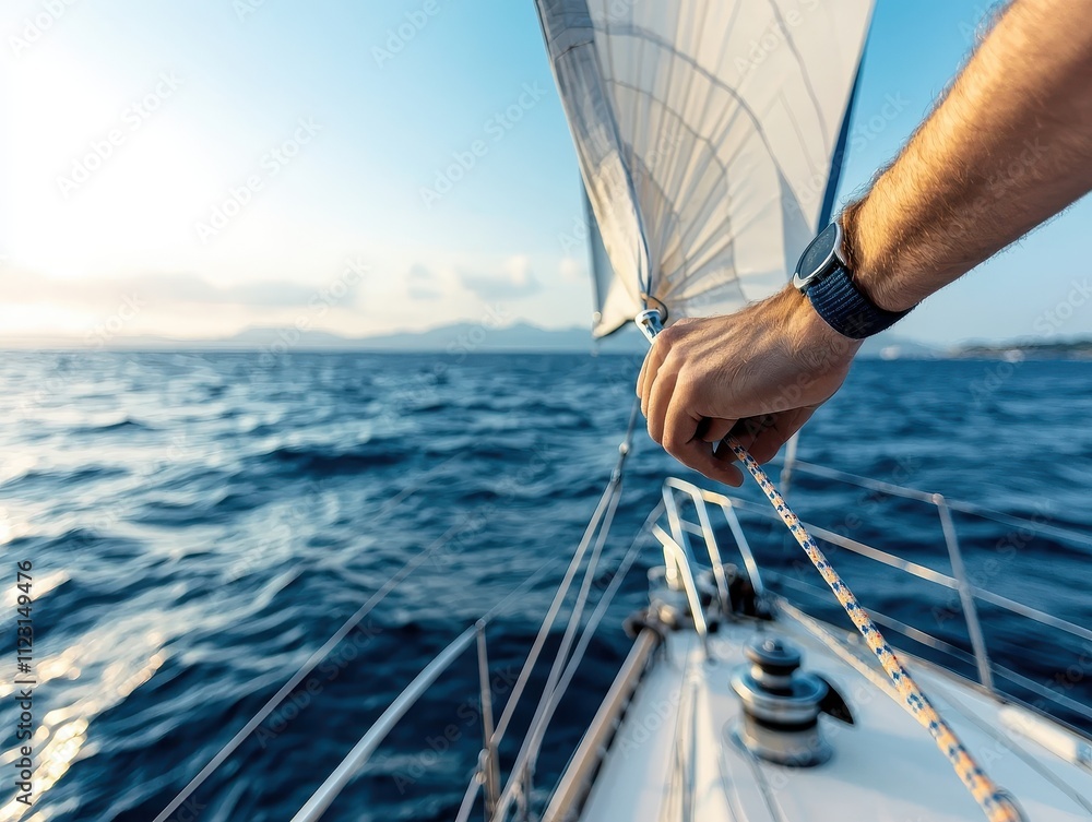Fototapeta premium Sailing hand adjusting the sail on a serene ocean at sunset.
