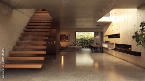 Suburban house entrance featuring floating stairs, polished concrete flooring, and a flow to a dining area and living room with sleek shelving