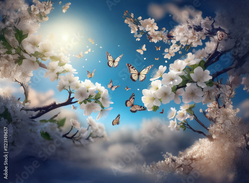 Wallpaper Mural A breathtaking spring scene: white blossoms, fluttering butterflies, and a sunlit sky.  Clouds softly frame the enchanting scene. Torontodigital.ca