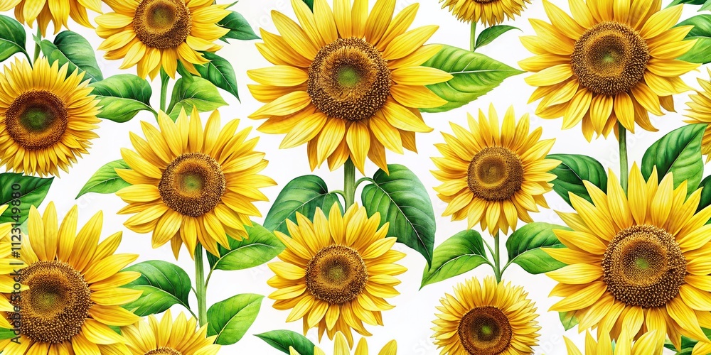 Fototapeta premium Vibrant Sunflower Pattern for Textiles and Fabrics - Perfect for Home Decor, Fashion and Creative Projects, Offering a Fresh and Cheerful Aesthetic on a Crisp White Background