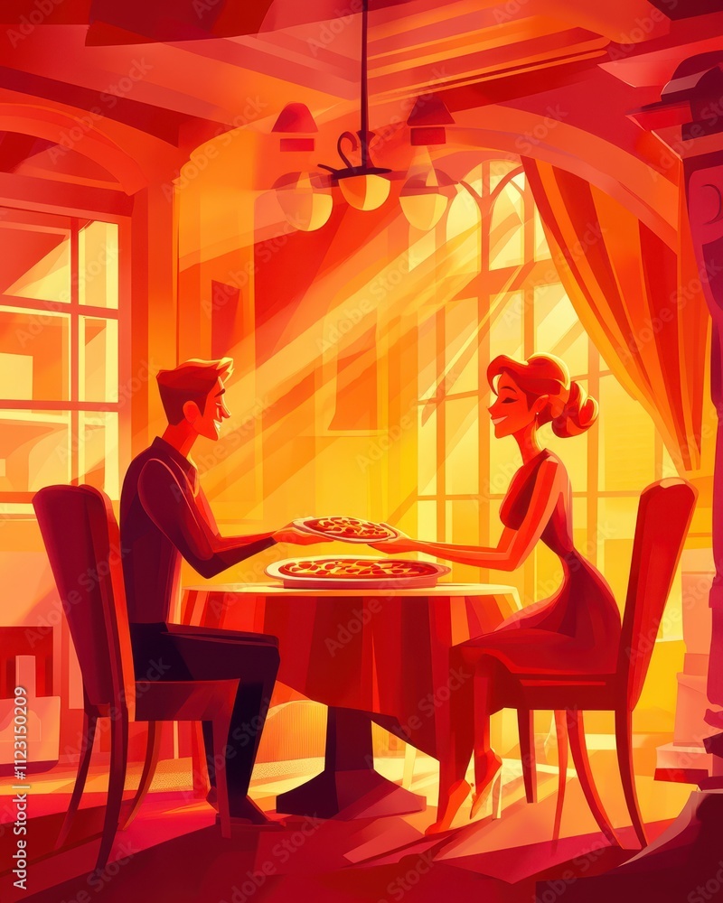 Vibrant Dinner Table Scene with Pizza Sharing Vibrant Dinner Table Scene with Pizza Sharing
