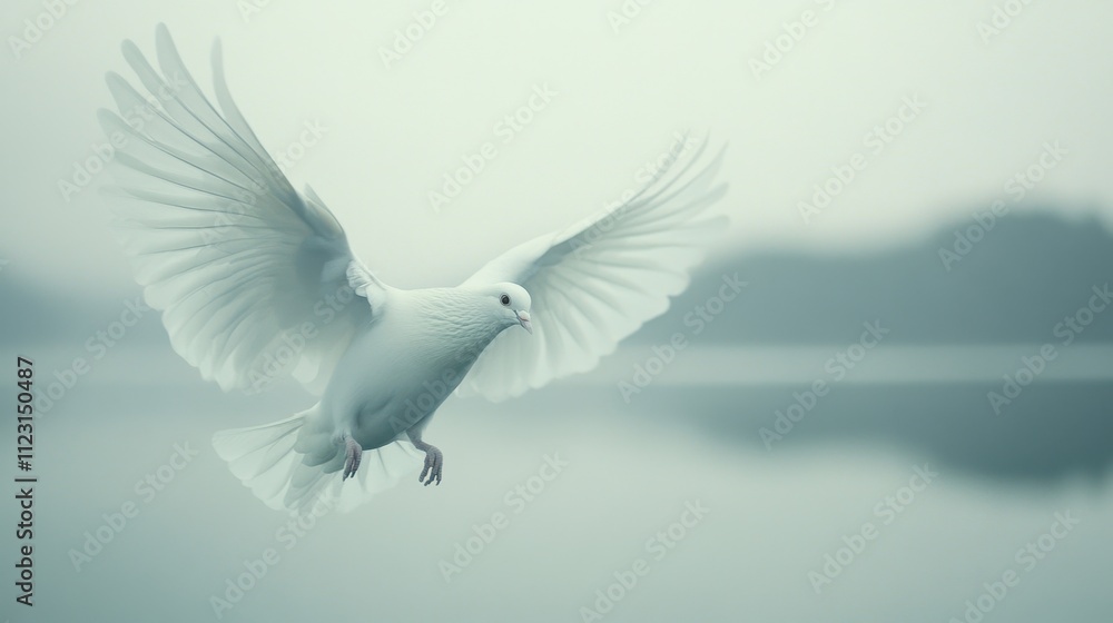 Obraz premium Graceful White Bird in Flight Over Serene Water Landscape
