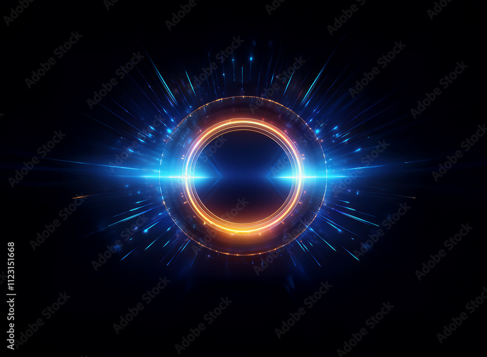 Obraz premium A vibrant, glowing ring of orange and blue energy radiates light and particles against a dark background. The circular form is central, with bursts of light extending outward.