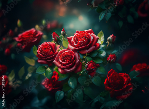 Wallpaper Mural Lush, dark red roses bloom in a vibrant garden.  Sunlight filters through, illuminating the velvety petals and deep green foliage.  The image evokes romance and natural beauty. Torontodigital.ca