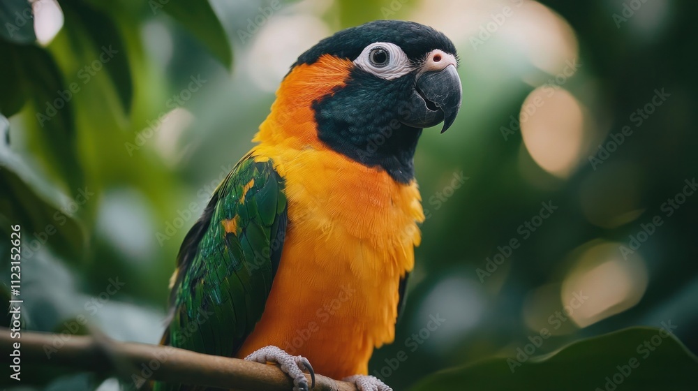 Obraz premium A Black-Headed Caique perched on a vine, with orange, green, and black feathers in a tropical setting