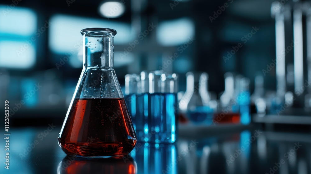 A beaker of red liquid sits on a table next to several other beakers