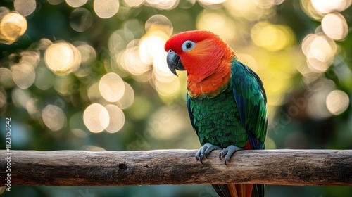 A King Parrot with a bright red head and green body resting on a wooden branch in a natural environment photo