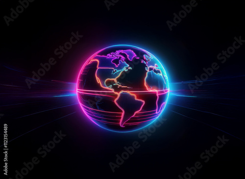 Wallpaper Mural A vibrant, neon-lit globe pulses with energy against a dark backdrop, showcasing continents outlined in glowing lines.  The image evokes themes of global connection and technological advancement. Torontodigital.ca