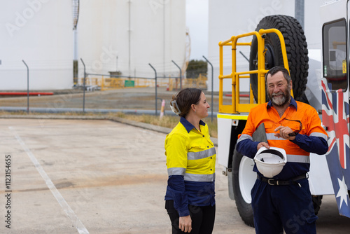 Workers in high visibility clothing standing beside australian crane truck on industrial site photo