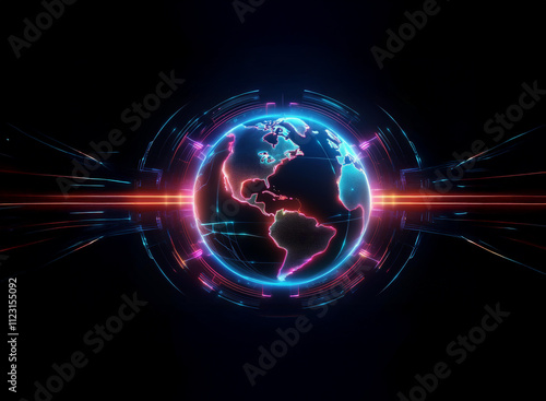 A glowing digital Earth encircled by vibrant, futuristic rings and streaks of light.  The image evokes themes of global connectivity and technological advancement. photo