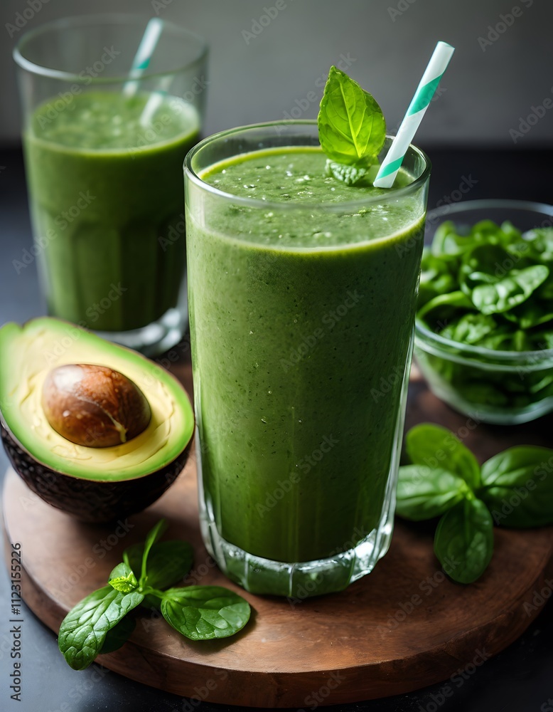 Two clear glasses of green smoothie with avocado, mint leaves, and a slice of green apple as garnish, ai. Two clear glasses of green smoothie with avocado, mint leaves, and a slice of green apple as garnish, ai.