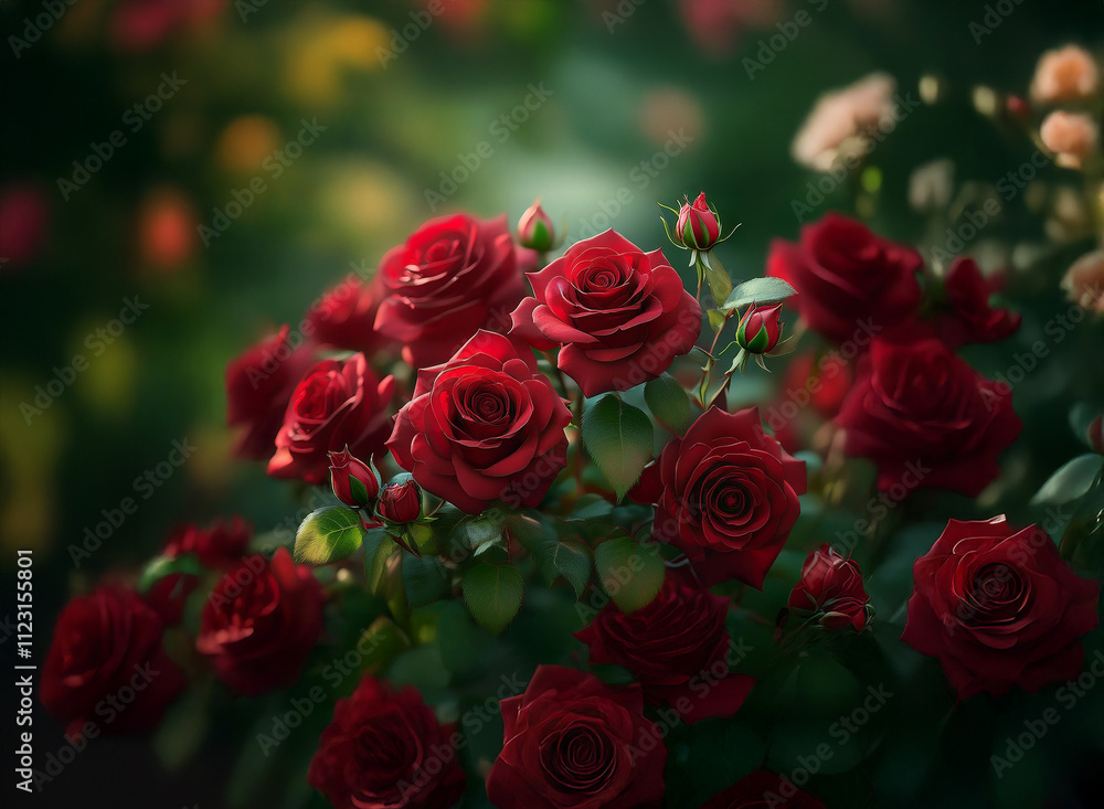 Obraz premium Lush cluster of dark red roses, glistening with dew, nestled amongst vibrant green foliage. Soft, diffused light enhances their velvety petals and unopened buds.