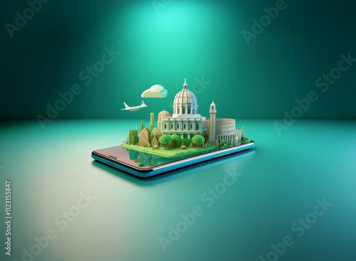 A miniature cityscape, including iconic buildings and a plane, sits atop a smartphone against a teal backdrop.  This 3D render symbolizes travel and technology's role in exploring the world. photo