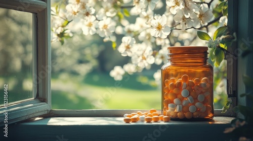 A close-up of allergy medication near a window, outside a field of blooming trees and grass, showing the connection between medicine and allergens photo