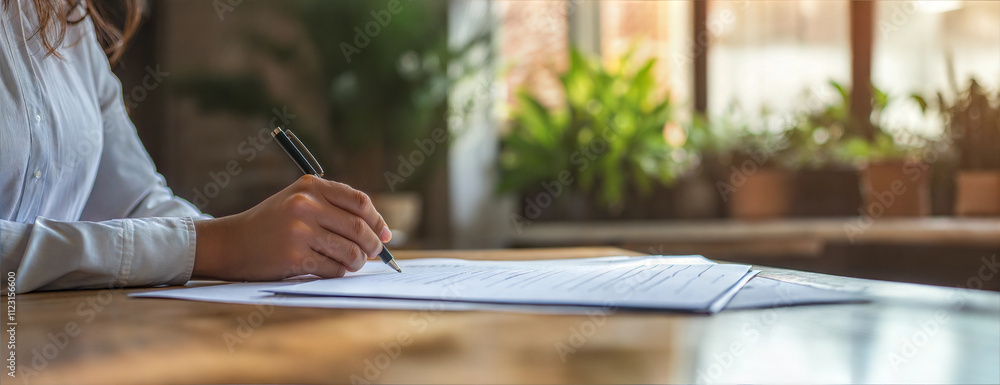 Fototapeta premium Professional Businessman Signing Important Document at Desk in Natural Office Setting