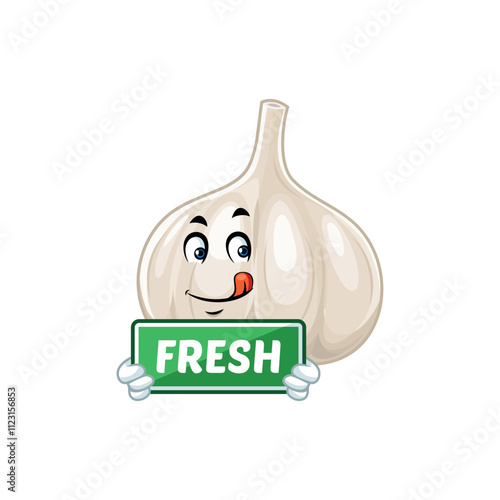 Cute Garlic Cartoon Character Holding Fresh Sign.