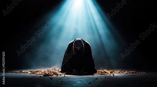 An enigmatic figure, cloaked in darkness, kneels solemnly under a dramatic spotlight in a mysterious setting, suggesting themes of introspection or revelation. photo