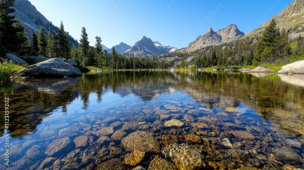 Fototapeta premium A beautiful mountain lake with a clear blue sky above