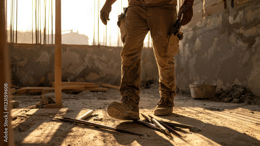 Fototapeta premium Worker stepping over sharp tools in poorly lit construction site, showcasing safety hazards