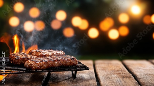 Sizzling steaks grill as flames rise, with softly glowing bokeh lights in the background creating a warm, inviting, and vibrant atmosphere perfect for outdoor dining. photo