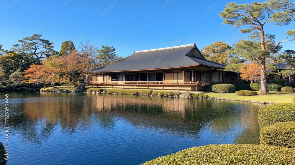 Obraz premium Tranquil Japanese Garden with Traditional House and Reflective Pond