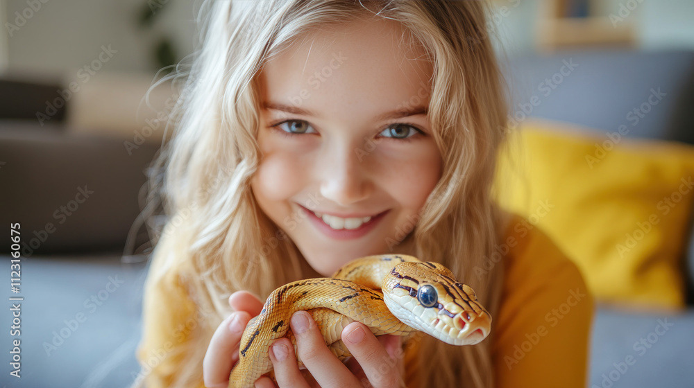 Fototapeta premium Caucasian girl playing with snake pet in living room house