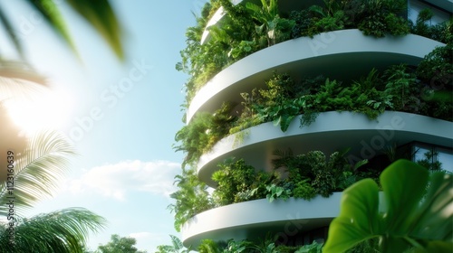 Round balconies of a high-rise building are richly covered with lush green plants, reflecting a unique blend of architectural modernity and ecological awareness. photo